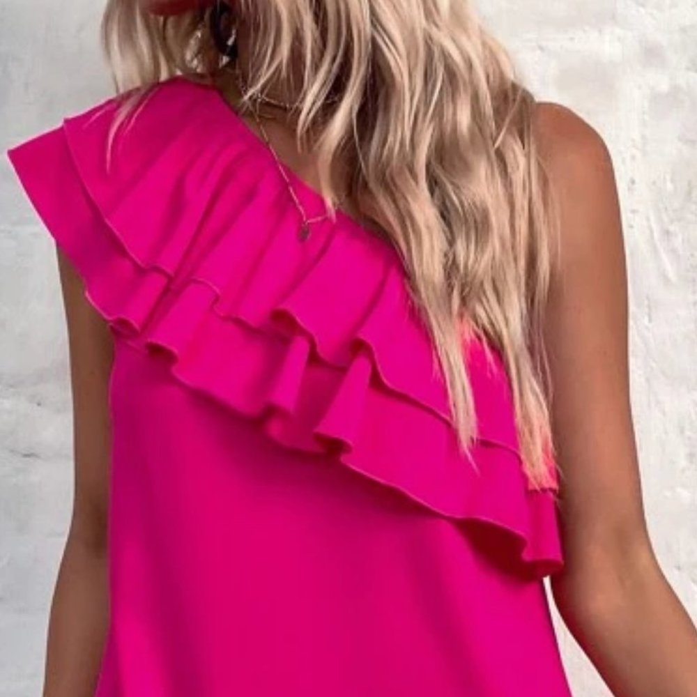One Shoulder Ruffle Detail Tunic Mini Dress Vacation Hot Pink - Picture 7 of 8